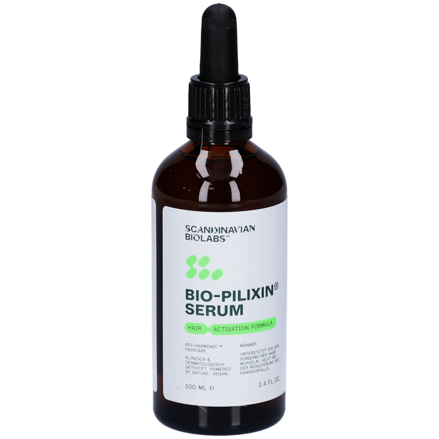Braune Flasche mit Serum. Aufschrift: BIO-PILIXIN Serum. Für Männer.