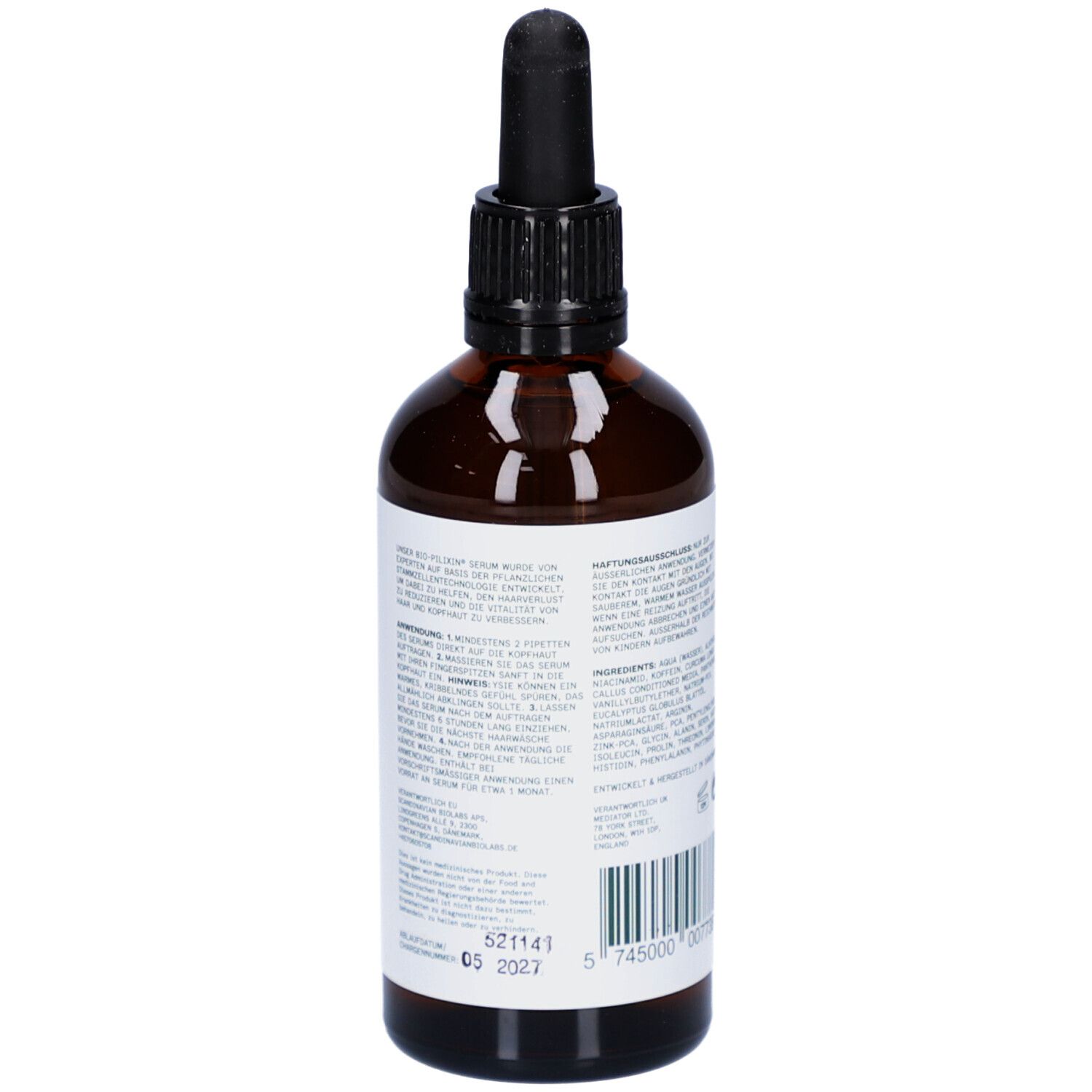 Rückseite der braunen Flasche. Text und Barcode.