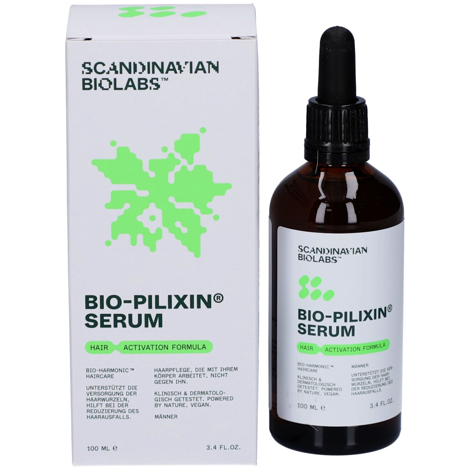 Flasche und Verpackung. Aufschrift: BIO-PILIXIN Serum. Für Männer.