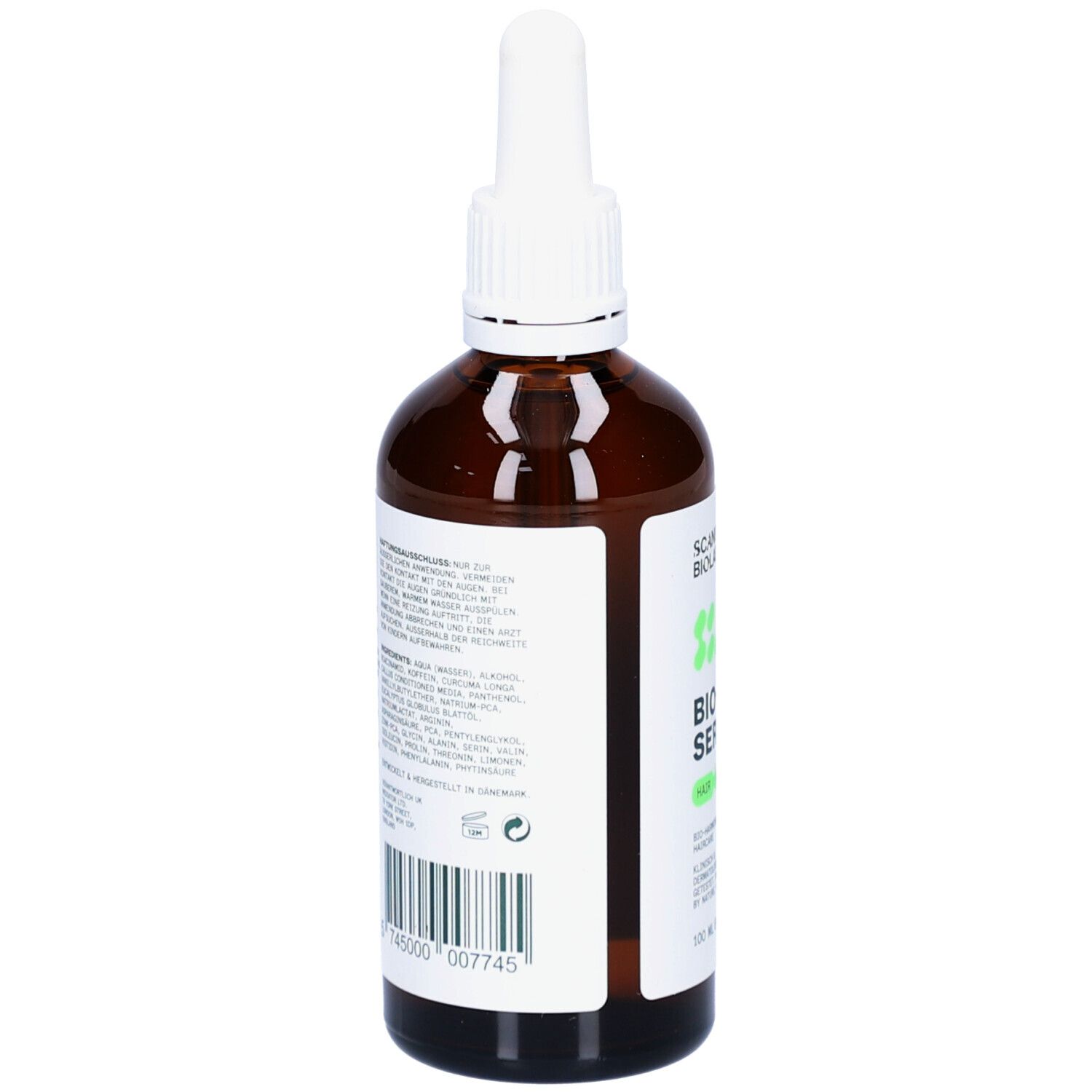 Rückseite der braunen Flasche mit Etikett. Text und Barcode.