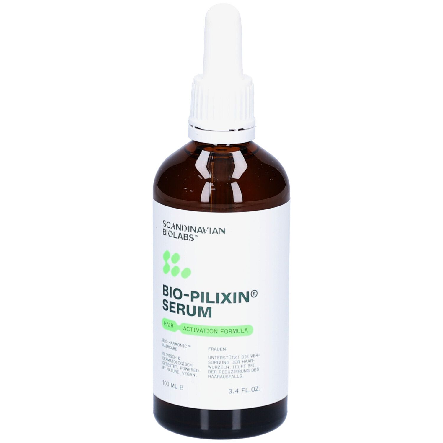Braune Flasche mit weißem Deckel und Etikett. Auf dem Etikett steht Bio-Pilixin Serum.