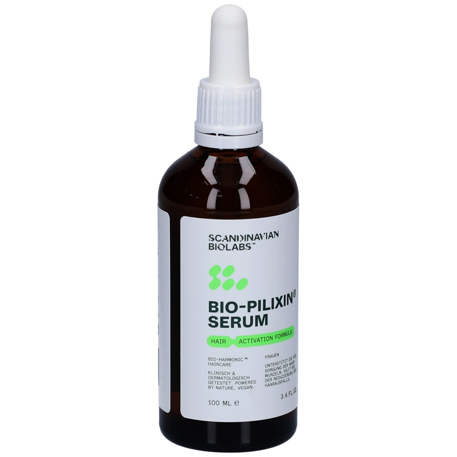 Braune Flasche mit weißem Deckel und Etikett. Auf dem Etikett steht Bio-Pilixin Serum. Daneben eine weiße Schachtel.