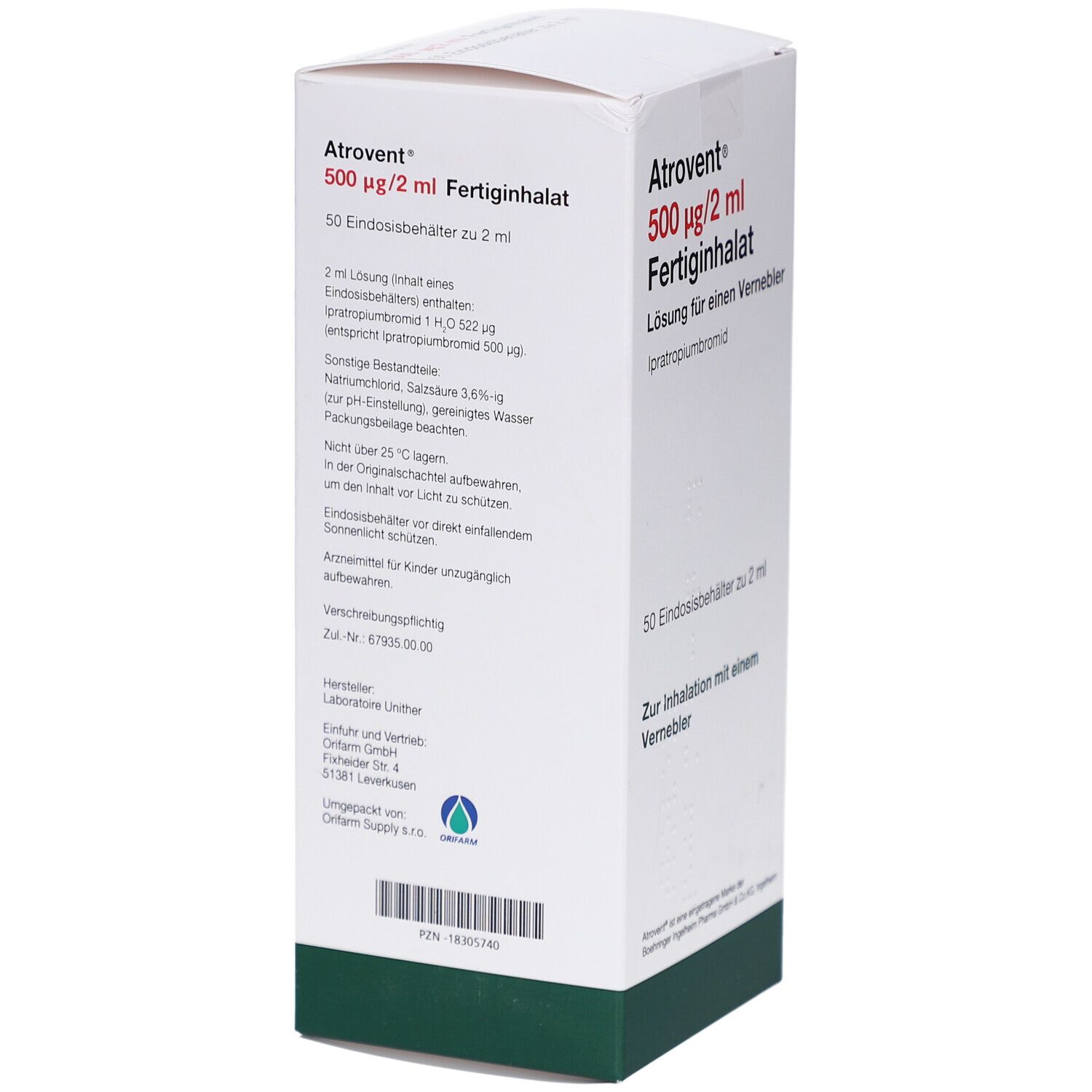 Weiße Faltschachtel mit roter und schwarzer Schrift. Aufschrift: Atrovent 500 µg/2 ml Fertiginhalat. Rückseite mit Text und grüner Linie.