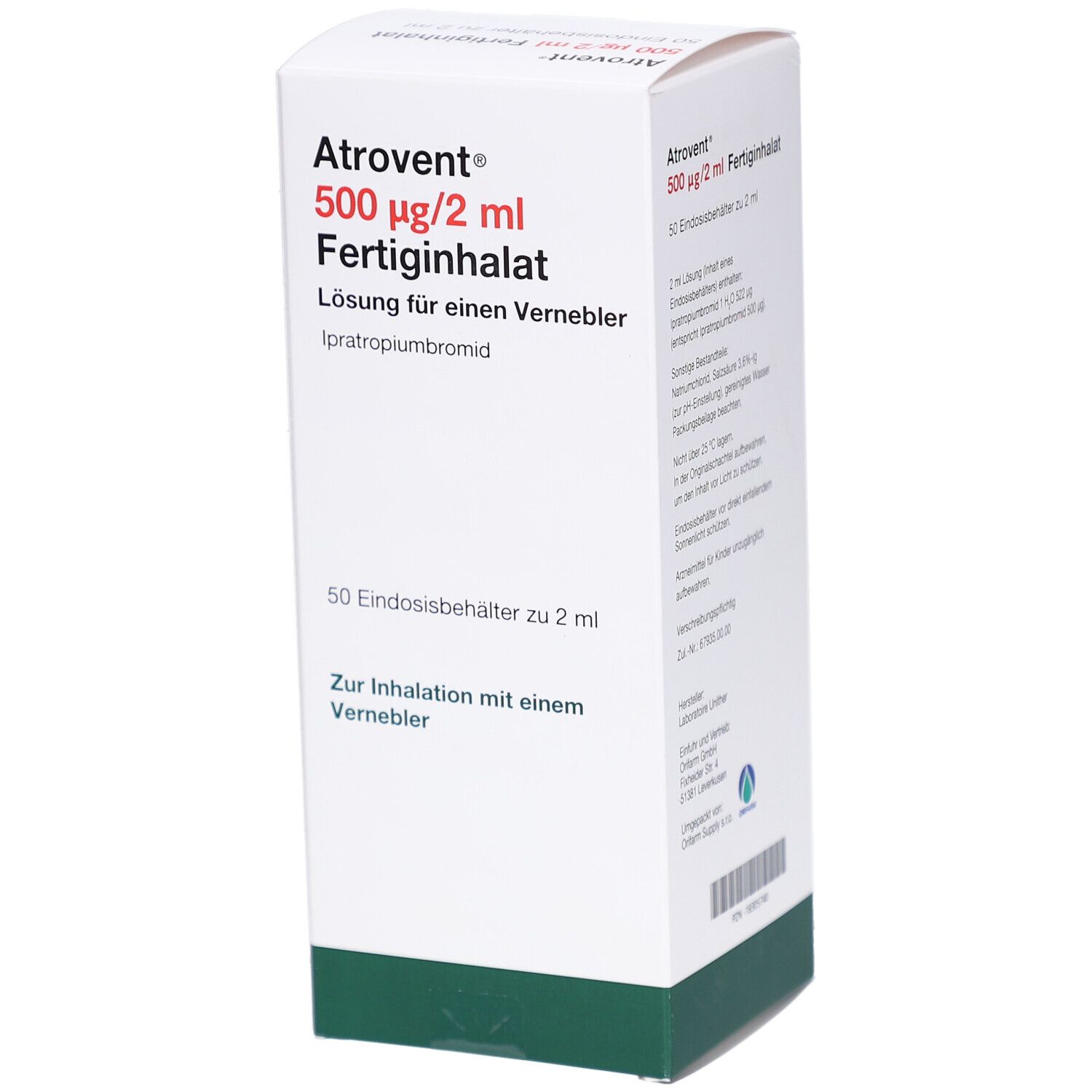 Weiße Faltschachtel mit roter und schwarzer Schrift. Aufschrift: Atrovent 500 µg/2 ml Fertiginhalat. Schachtel schräg gestellt.