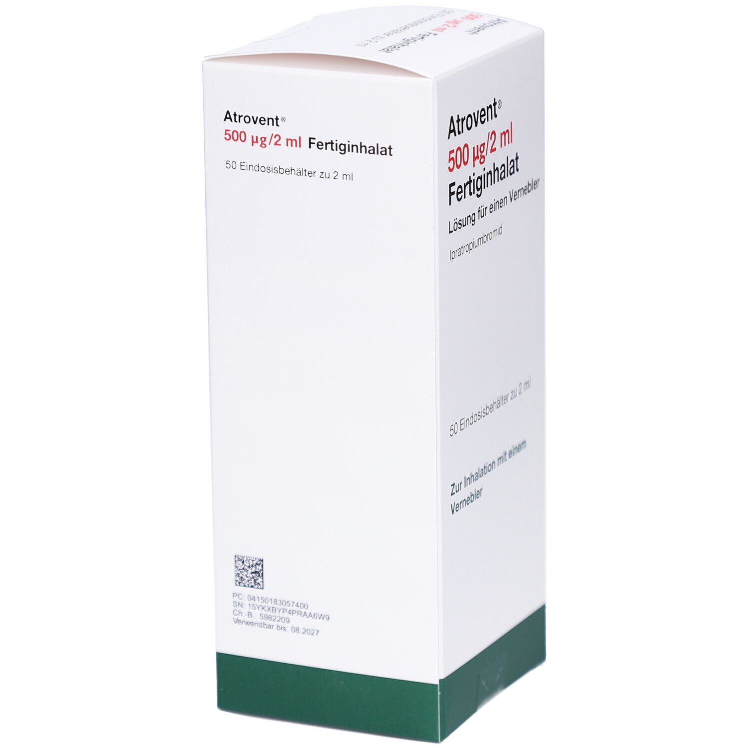 Weiße Faltschachtel mit roter und schwarzer Schrift. Aufschrift: Atrovent 500 µg/2 ml Fertiginhalat. Schachtel schräg gestellt.