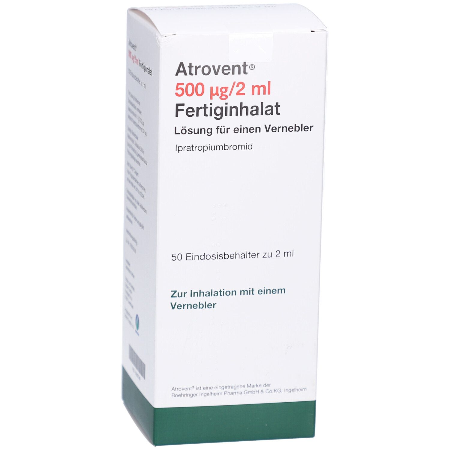 Weiße Faltschachtel mit roter und schwarzer Schrift. Aufschrift: Atrovent 500 µg/2 ml Fertiginhalat. Vorderseite der Schachtel.
