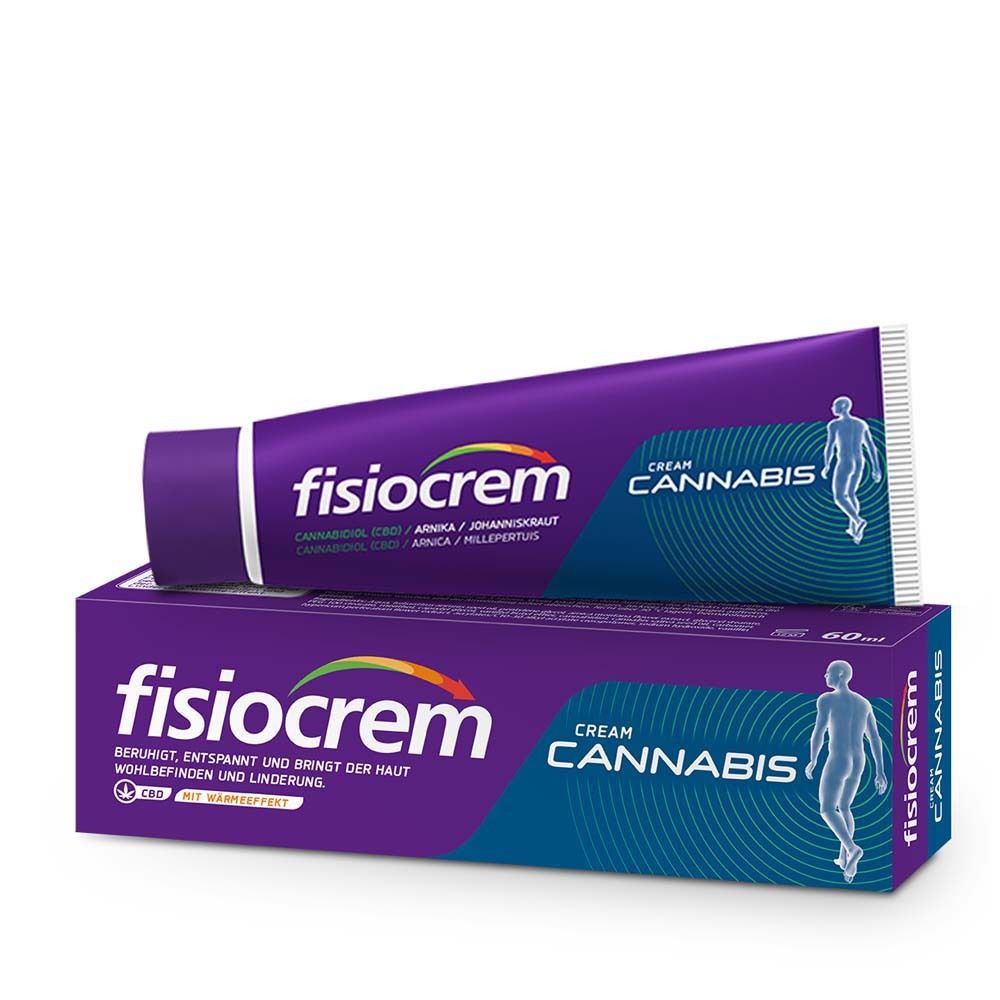 Fisiocrem Cream Cannabis Tube und Schachtel. Lila Tube mit weißer Kappe. Schachtel mit Produktnamen und Logo.