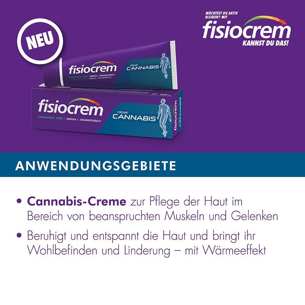 Fisiocrem Cream Cannabis, Tube und Schachtel. Text: Cannabis-Creme zur Pflege von Muskeln und Gelenken. Lila Hintergrund.