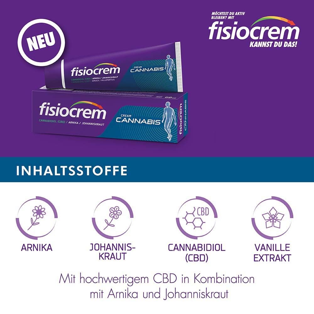 Fisiocrem Cream Cannabis, Tube und Schachtel. Text: Inhaltsstoffe: Arnika, Johanniskraut, Cannabidiol (CBD), Vanilleextrakt. Lila Hintergrund.