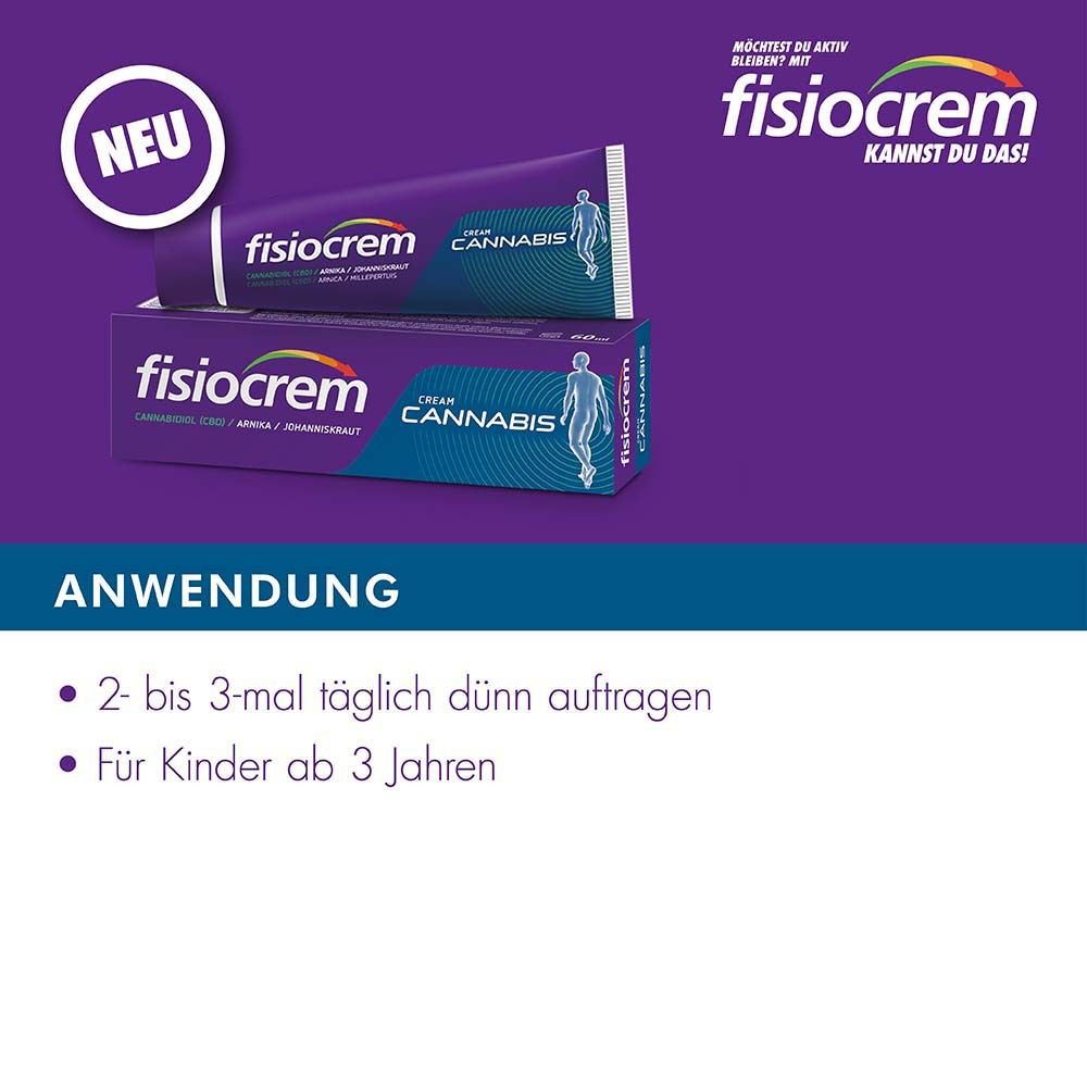 Fisiocrem Cream Cannabis, Tube und Schachtel. Text: Anwendung: 2-3 mal täglich dünn auftragen. Für Kinder ab 3 Jahren. Lila Hintergrund.