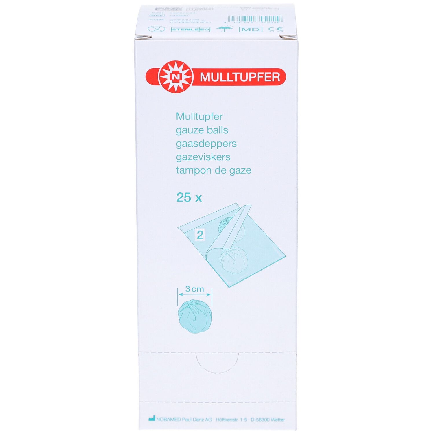 Verpackung mit Mulltupfern. Aufdrucke: Mulltupfer, 25 Stück, 3 cm. Illustrationen von Tupfern in Beuteln.