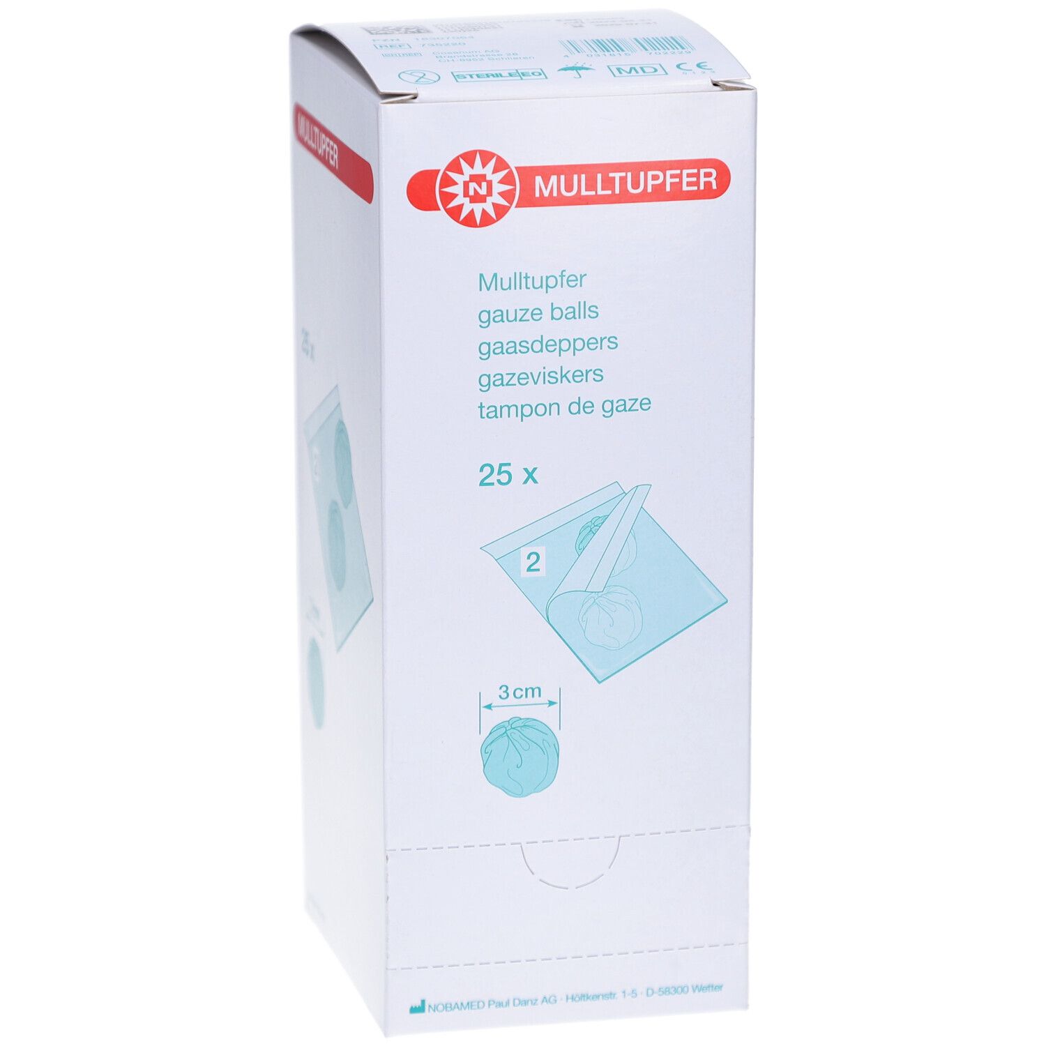 Verpackung mit Mulltupfern. Aufdrucke: Mulltupfer, 25 Stück, 3 cm. Illustrationen von Tupfern in Beuteln.