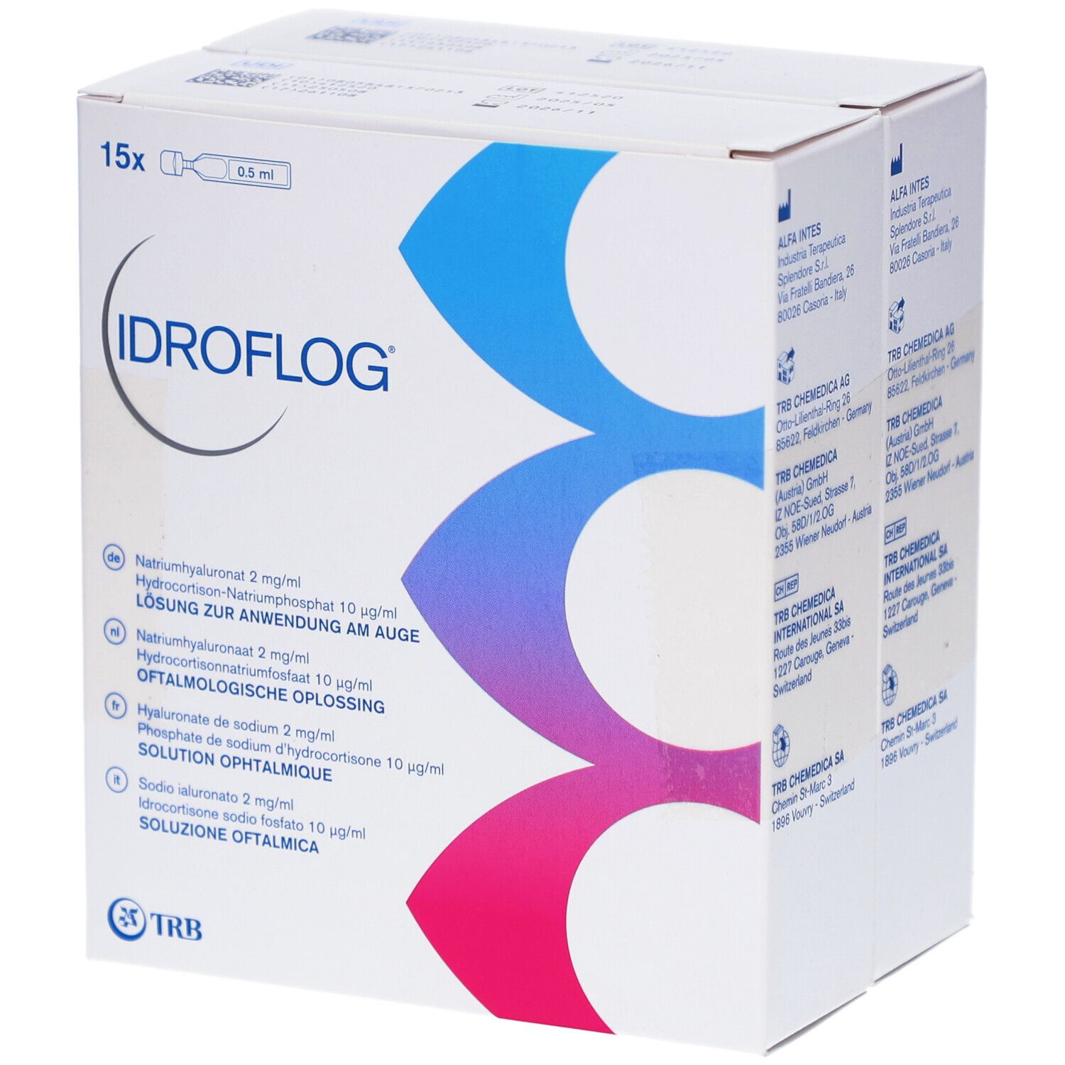 Verpackung von IDROFLOG Augentropfen. Enthält 15 Einzeldosen. Aufdrucke mit Inhaltsstoffen und Herstellerinformationen.