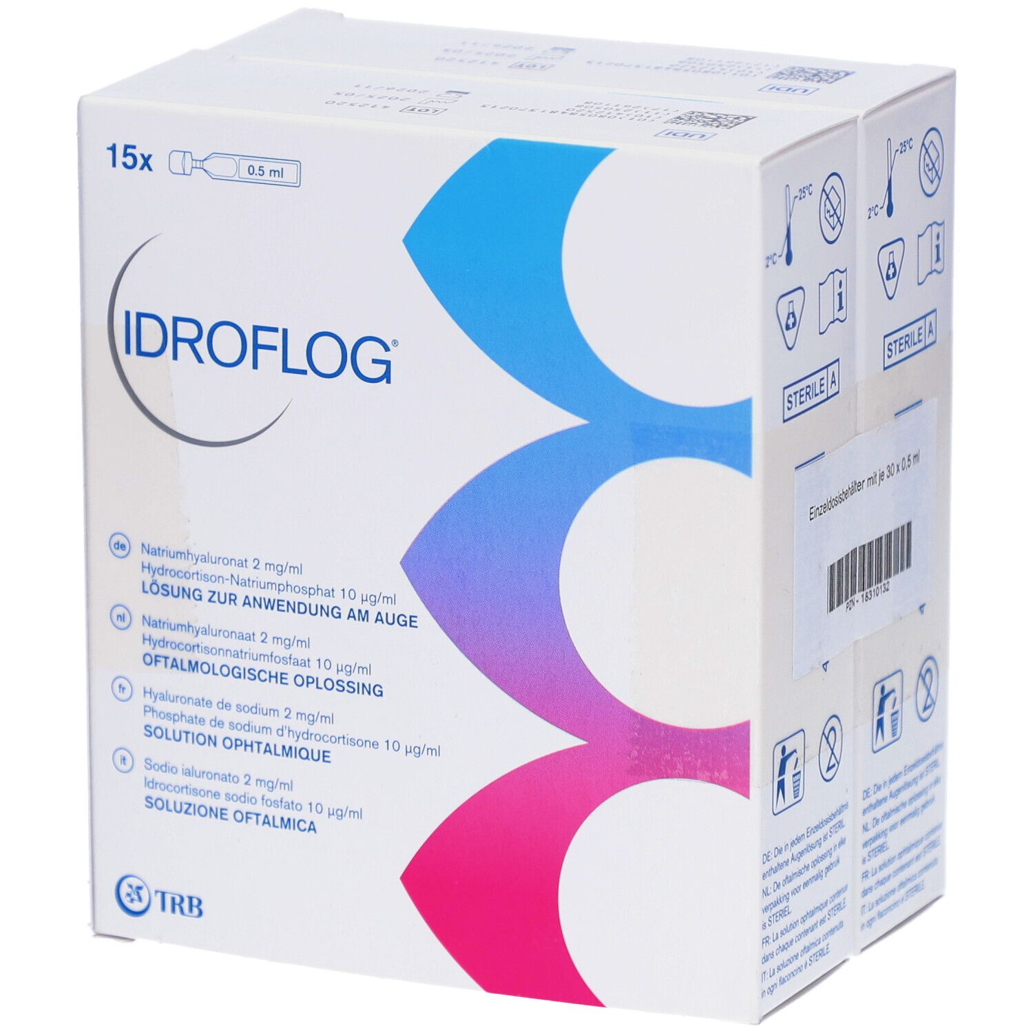 Verpackung von IDROFLOG Augentropfen. Enthält 15 Einzeldosen. Aufdrucke mit Inhaltsstoffen und Herstellerinformationen.