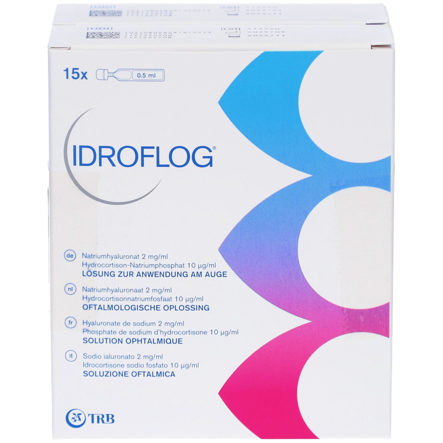 Verpackung von IDROFLOG Augentropfen. Enthält 15 Einzeldosen. Aufdrucke mit Inhaltsstoffen und Herstellerinformationen.