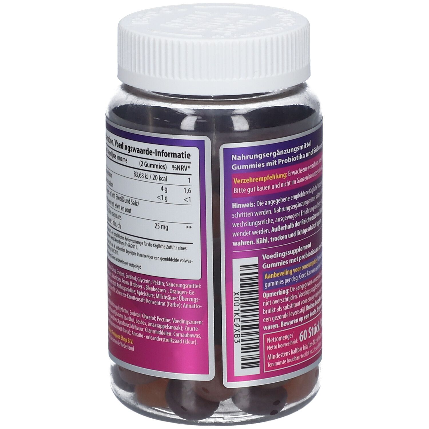 Rückseite der BeLive® PROBIOTIK-Flasche. Zeigt Nährwertangaben und Zutatenliste. Weißer Deckel.