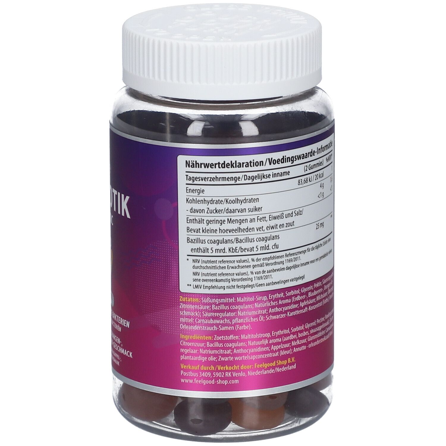 Rückseite der BeLive® PROBIOTIK-Flasche. Zeigt Nährwertangaben und Zutatenliste. Weißer Deckel.