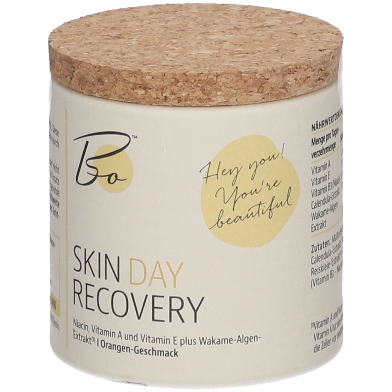 Behälter mit Korkdeckel. Aufschrift: Bo BEAUTY ORGANICS™ SKIN DAY RECOVERY. Text in deutscher Sprache.
