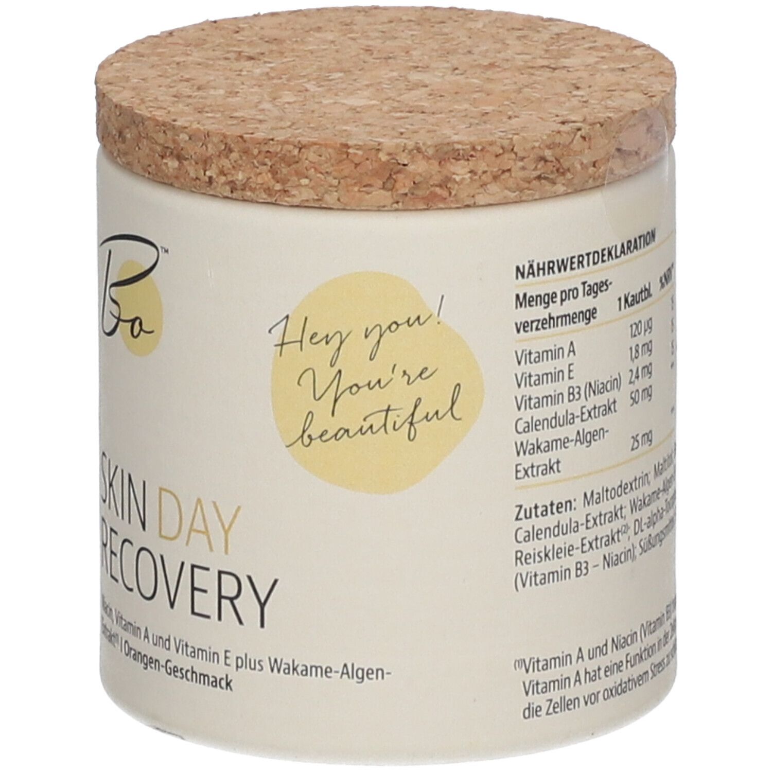 Behälter mit Korkdeckel. Aufschrift: Bo BEAUTY ORGANICS™ SKIN DAY RECOVERY. Text in deutscher Sprache.