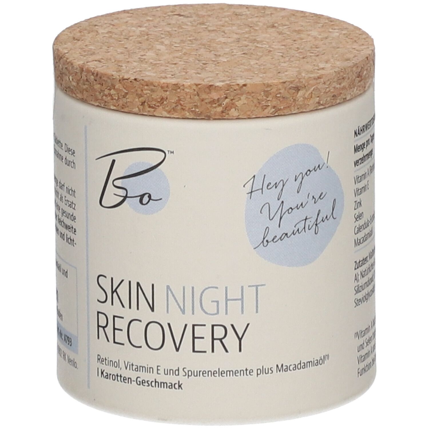 Beige Dose mit Korkdeckel. Aufschrift: SKIN NIGHT RECOVERY. Enthält Retinol, Vitamin E und Spurenelemente.