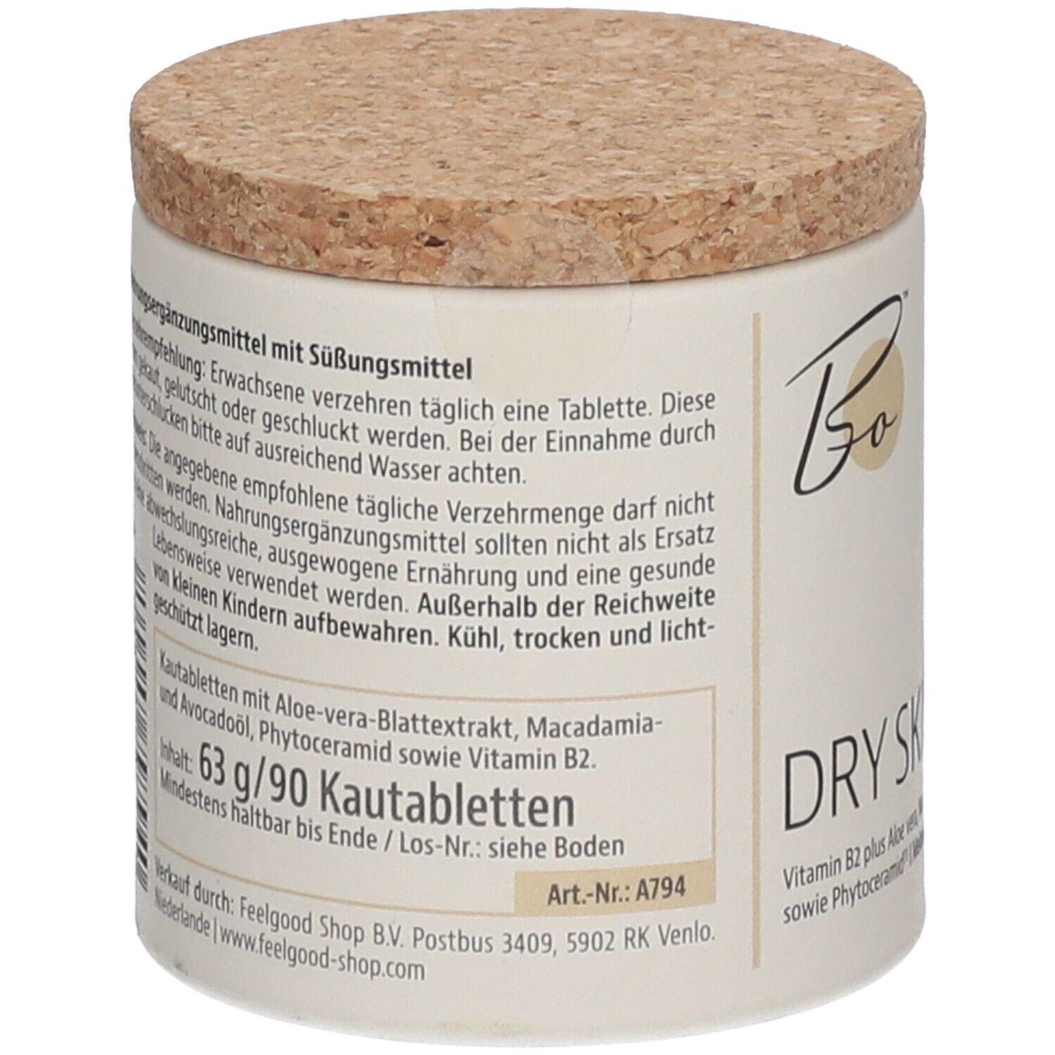 Behälter mit Korkdeckel. Rückseite. Text: Kautabletten mit Aloe-vera-Blattextrakt, Macadamia und Avocadoöl, Süßungsmittel. 63 g/90 Kautabletten.