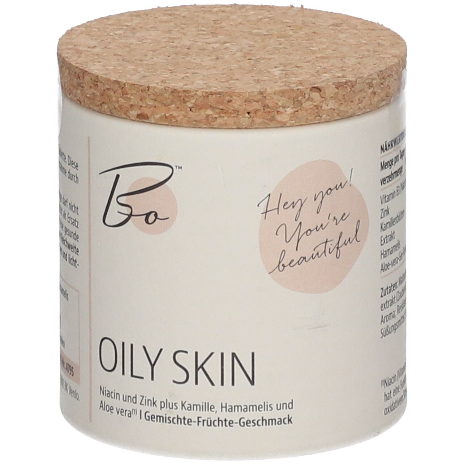 Behälter mit Korkdeckel. Aufschrift: OILY SKIN. Marke: Bo BEAUTY ORGANICS™. Text: Niacin, Zink, Kamille, Hamamelis, Aloe vera.