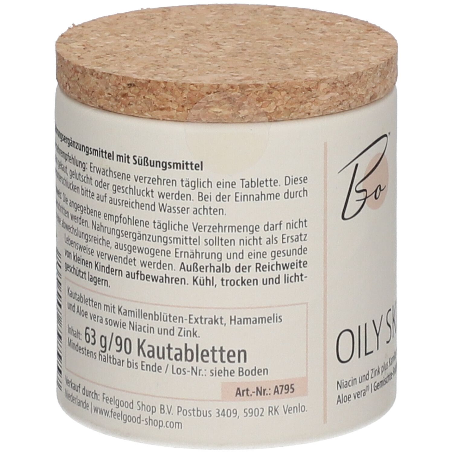 Behälter mit Korkdeckel. Aufschrift: OILY SKIN. Text: 63 g/90 Kautabletten. Inhaltsstoffe: Kamillenblüten-Extrakt, Hamamelis, Aloe vera.