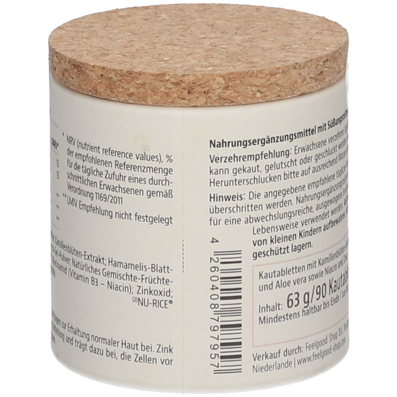 Behälter mit Korkdeckel. Aufschrift: OILY SKIN. Text: 63 g/90 Kautabletten. Inhaltsstoffe: Kamillenblüten-Extrakt, Hamamelis, Aloe vera.