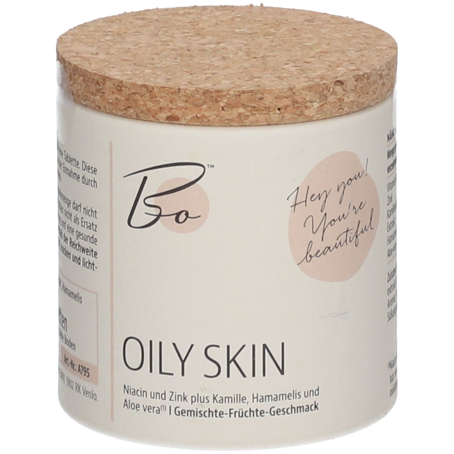 Behälter mit Korkdeckel. Aufschrift: OILY SKIN. Marke: Bo BEAUTY ORGANICS™. Text: Niacin, Zink, Kamille, Hamamelis, Aloe vera.
