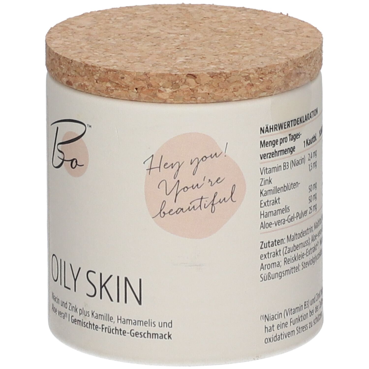 Behälter mit Korkdeckel. Aufschrift: OILY SKIN. Marke: Bo BEAUTY ORGANICS™. Text: Nährwertdeklaration. Menge pro Tagesverzehrmenge.