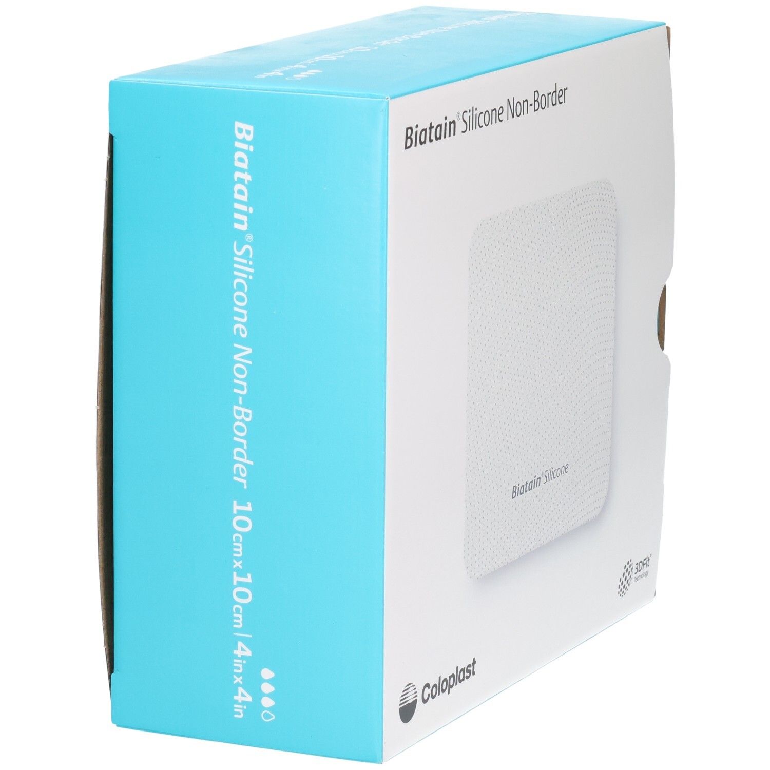 Biatain Silicone Non-Border Verband 10x10cm, Seitenansicht der Verpackung mit blauer Banderole.
