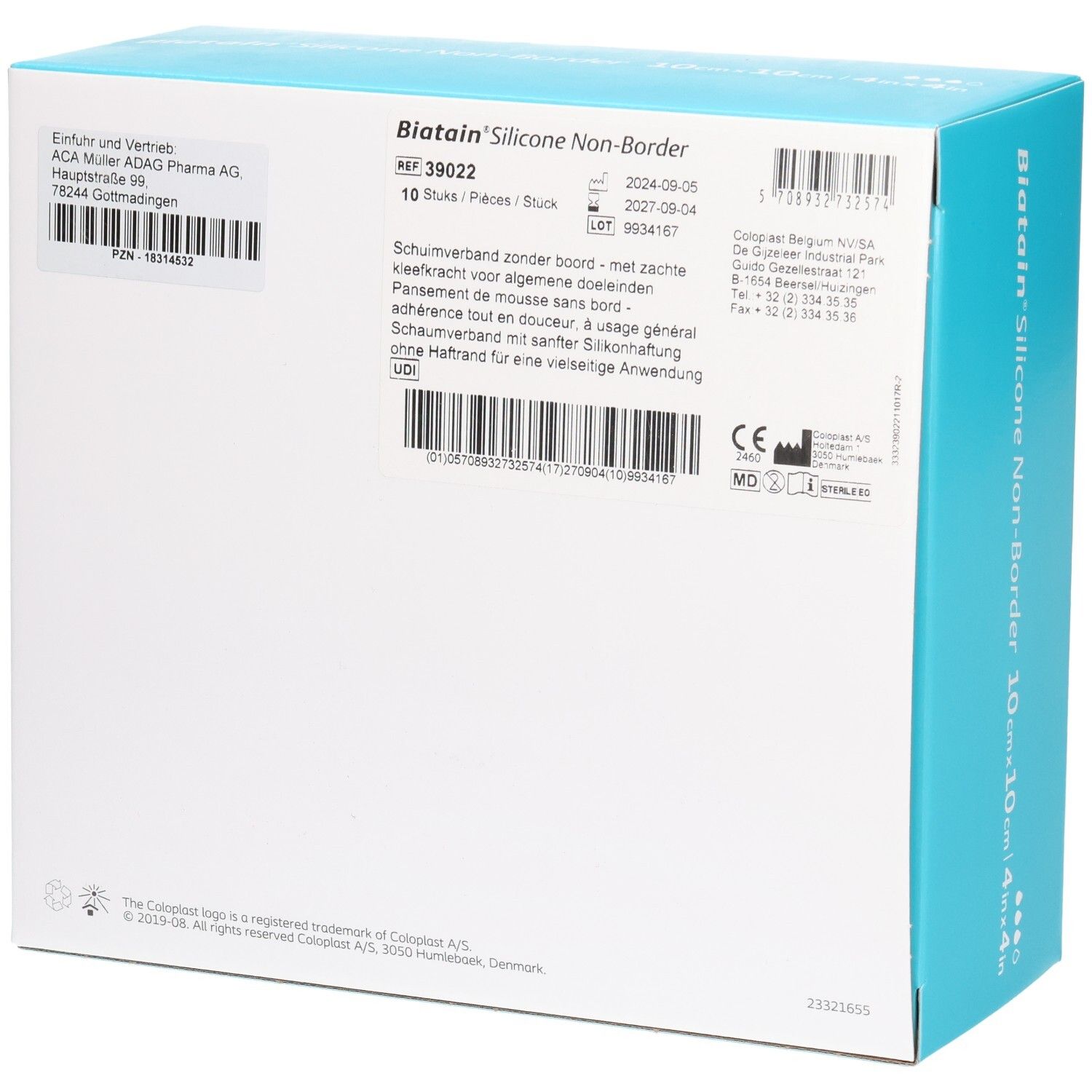 Rückseite der Biatain Silicone Non-Border Verband-Verpackung mit Produktinformationen und CE-Kennzeichnung.