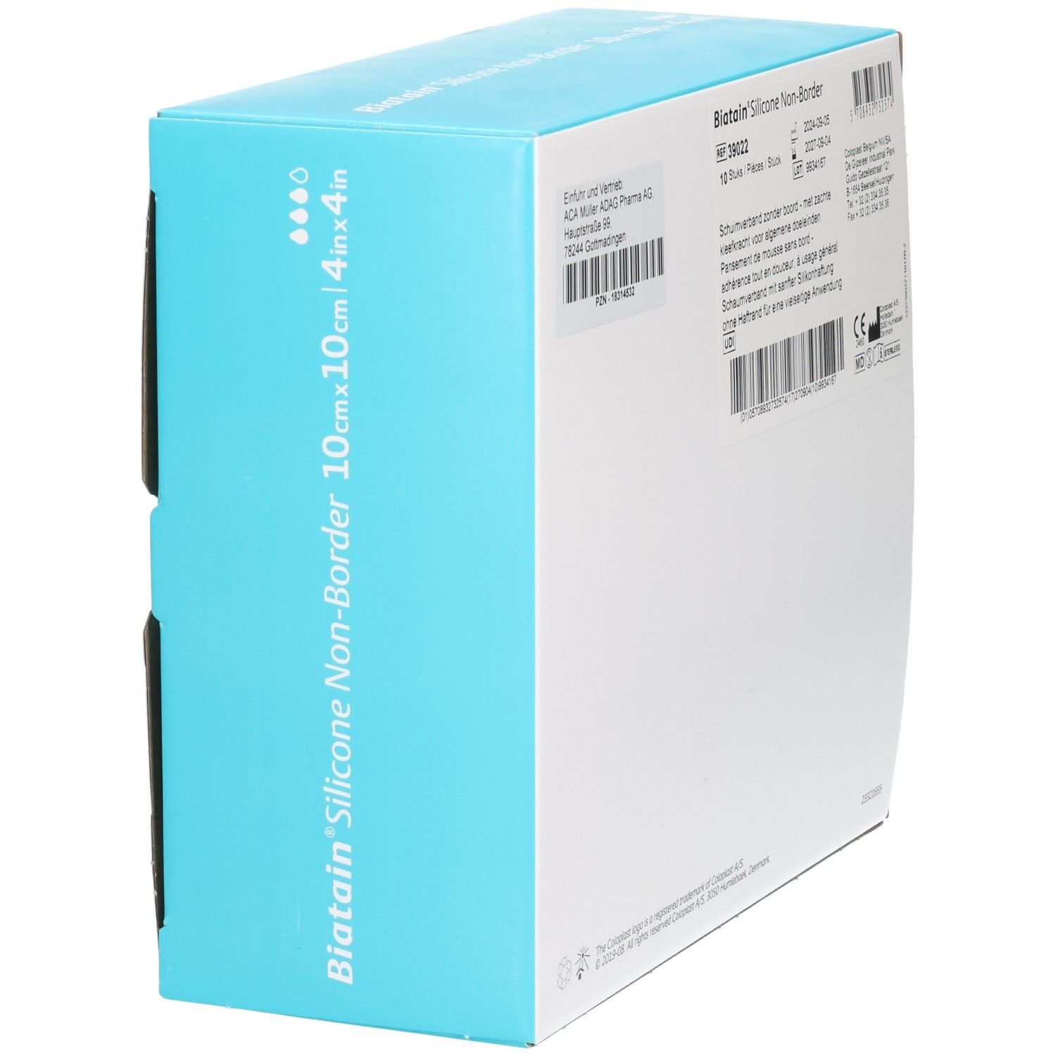 Biatain Silicone Non-Border Verband 10x10cm, Rückseitenansicht der Verpackung mit blauer Banderole.