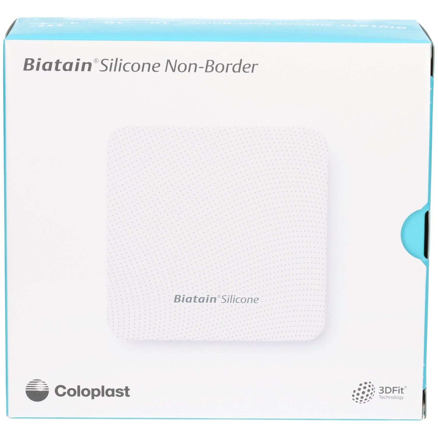 Biatain Silicone Non-Border Verband 10x10cm auf weißer Verpackung, Coloplast Logo und 3DFit Technologie.