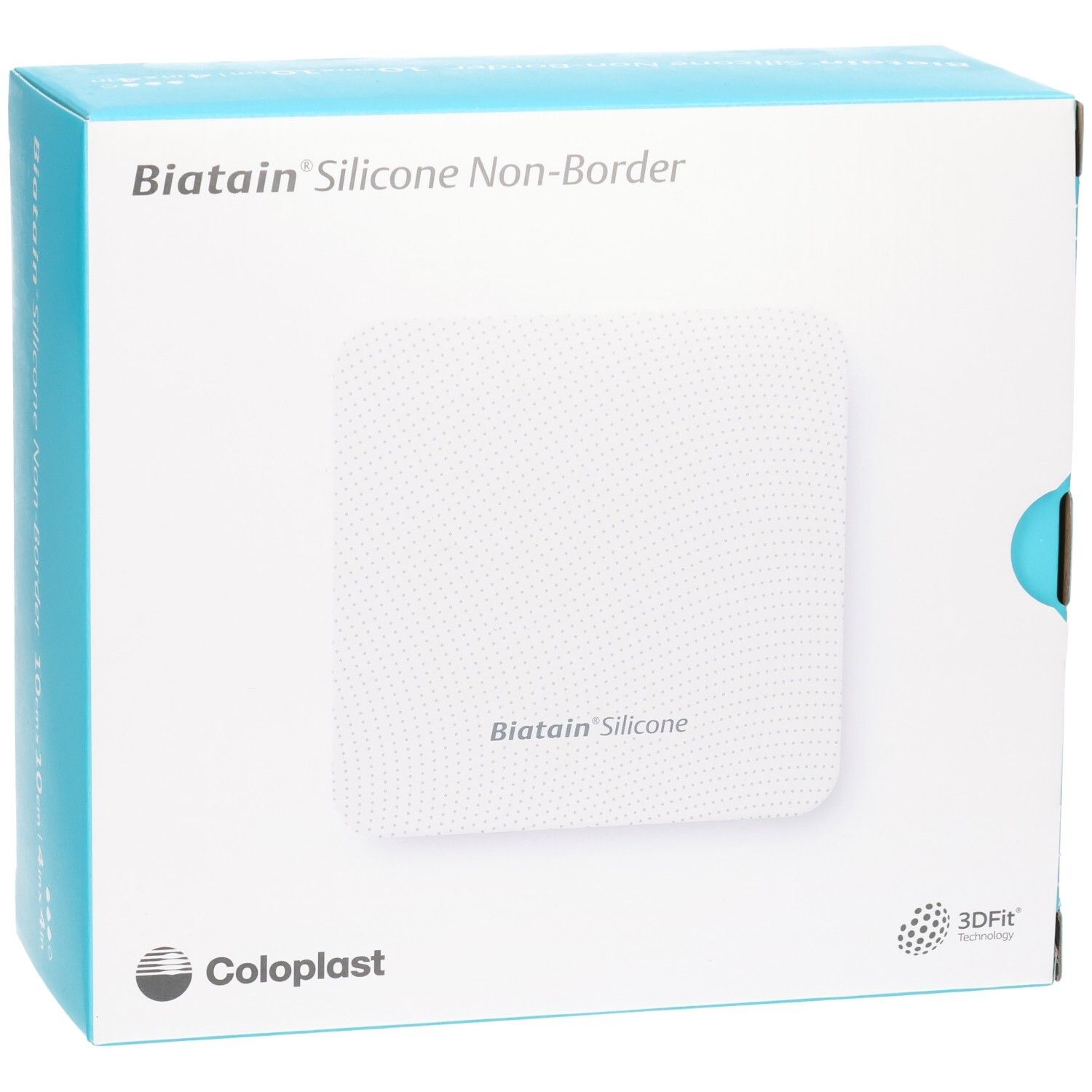 Biatain Silicone Non-Border Verband 10x10cm auf weißer Verpackung, Coloplast Logo und 3DFit Technologie.