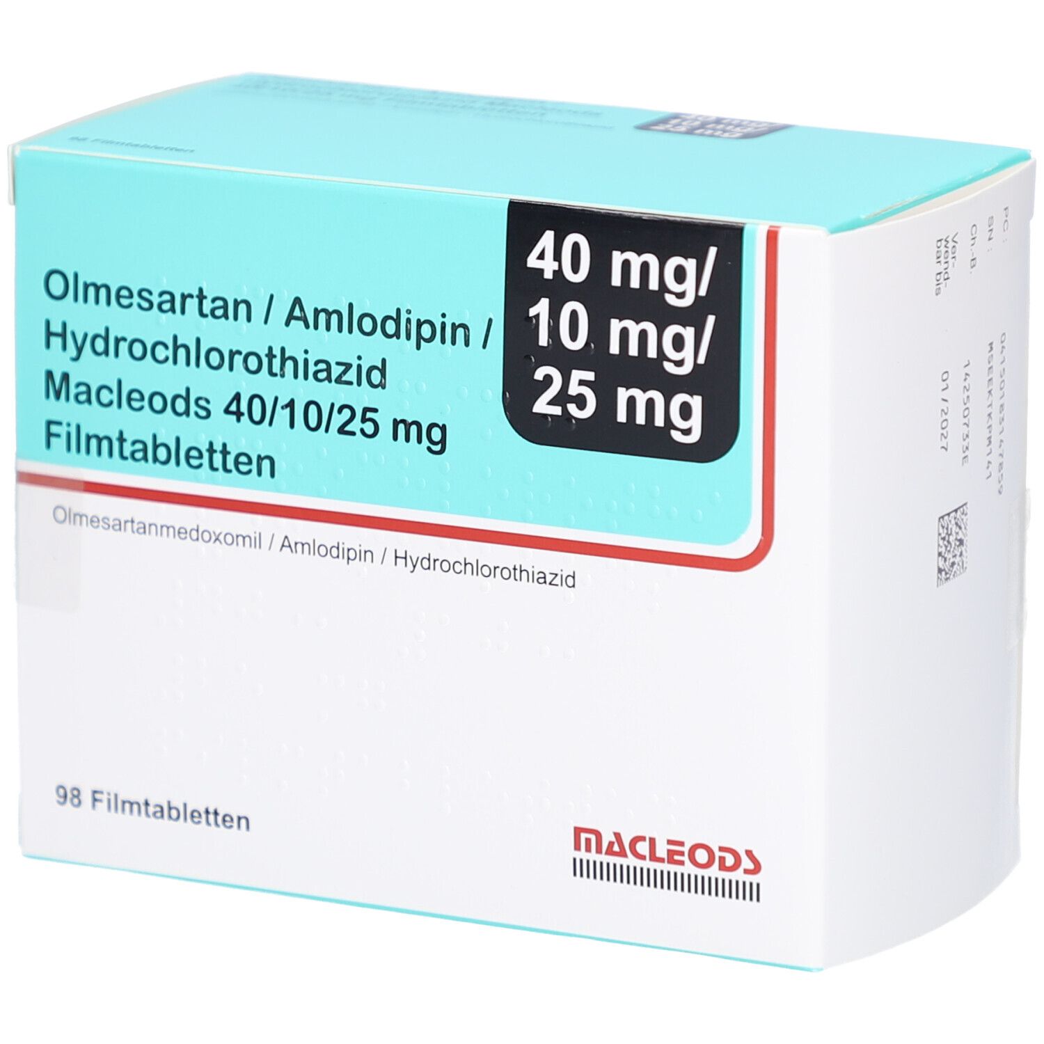 Arzneimittelverpackung mit Produktnamen und Dosierung. Enthält 98 Filmtabletten. Marke: Macleods.