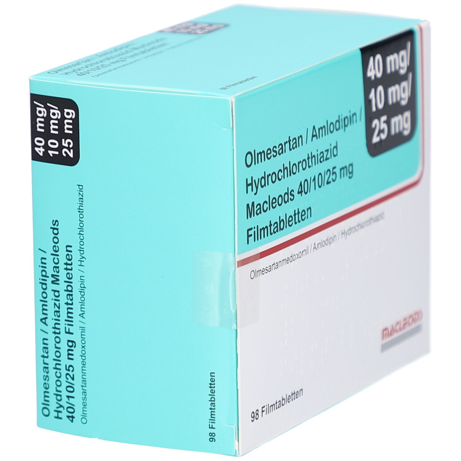 Schrägansicht der Arzneimittelverpackung. Produktname und Dosierung sind sichtbar. Marke: Macleods.