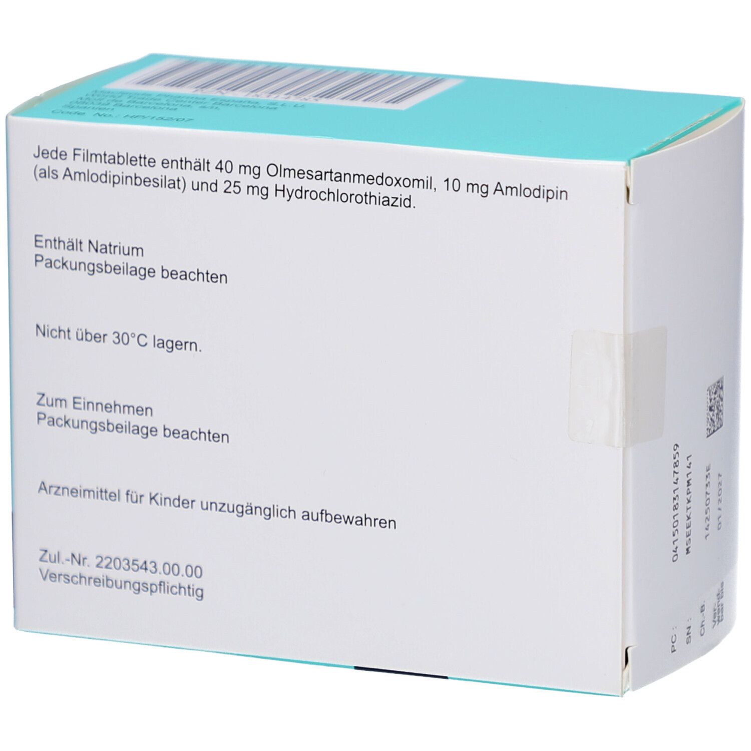 Rückseite der Arzneimittelverpackung. Textinformationen und Zulassungsnummern sind sichtbar.