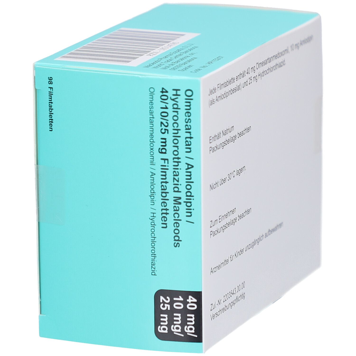 Arzneimittelverpackung mit Produktnamen und Dosierung. Rückseite mit Textinformationen.