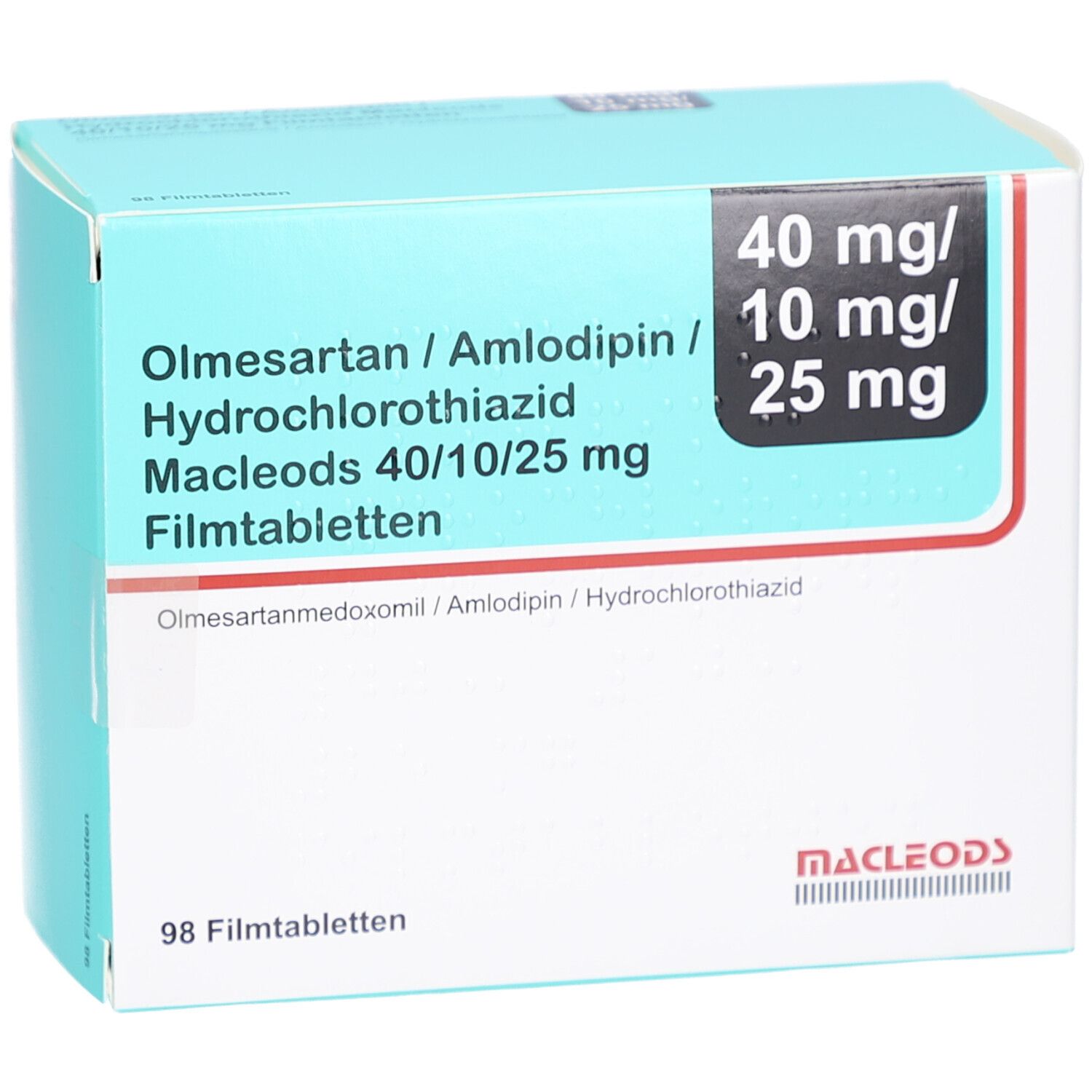 Arzneimittelverpackung mit Produktnamen und Dosierung. Enthält 98 Filmtabletten. Marke: Macleods.