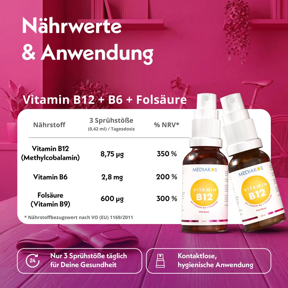 Mediakos Vitamin B12 Vital Spray Flasche und Karton.