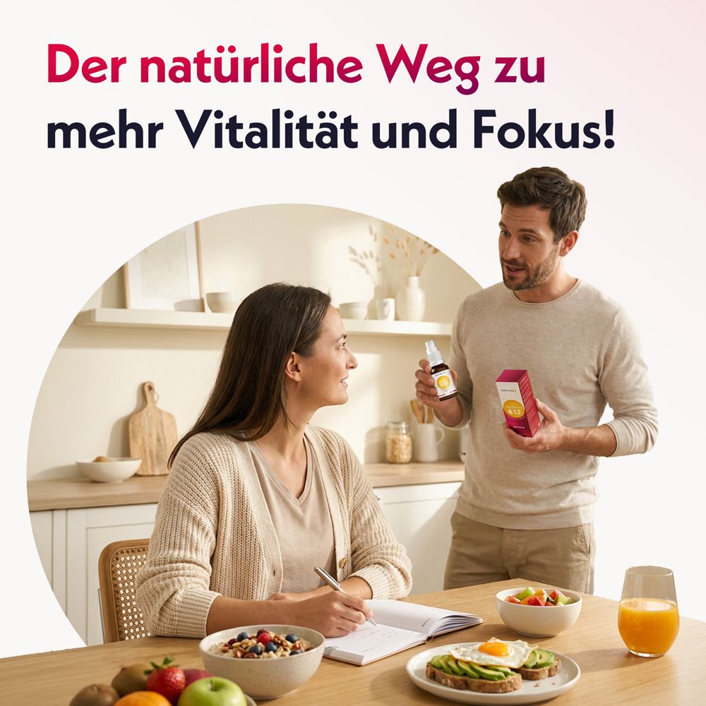 Mediakos Vitamin B12 Vital Spray Flasche und Karton.