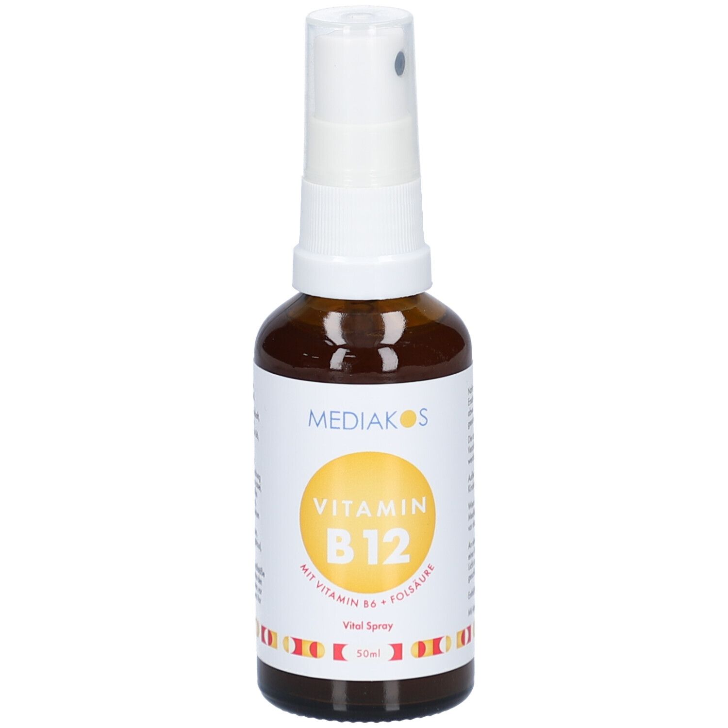 Braune Glasflasche mit weißem Sprühkopf. Etikett mit gelbem Kreis und Text: Vitamin B12. Marke: Mediakos. Vital Spray.