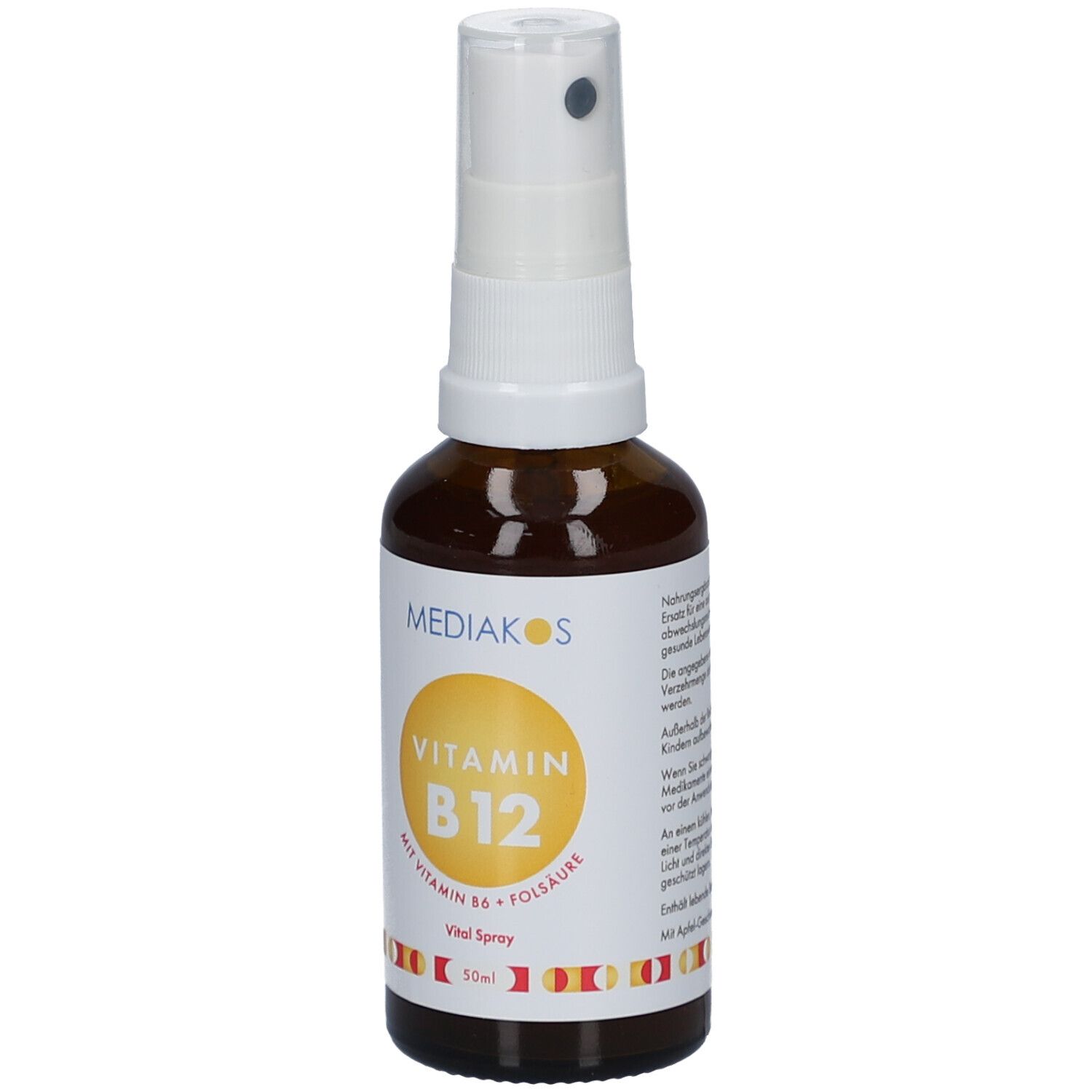 Braune Glasflasche mit weißem Sprühkopf. Etikett mit gelbem Kreis und Text: Vitamin B12. Marke: Mediakos. Vital Spray.