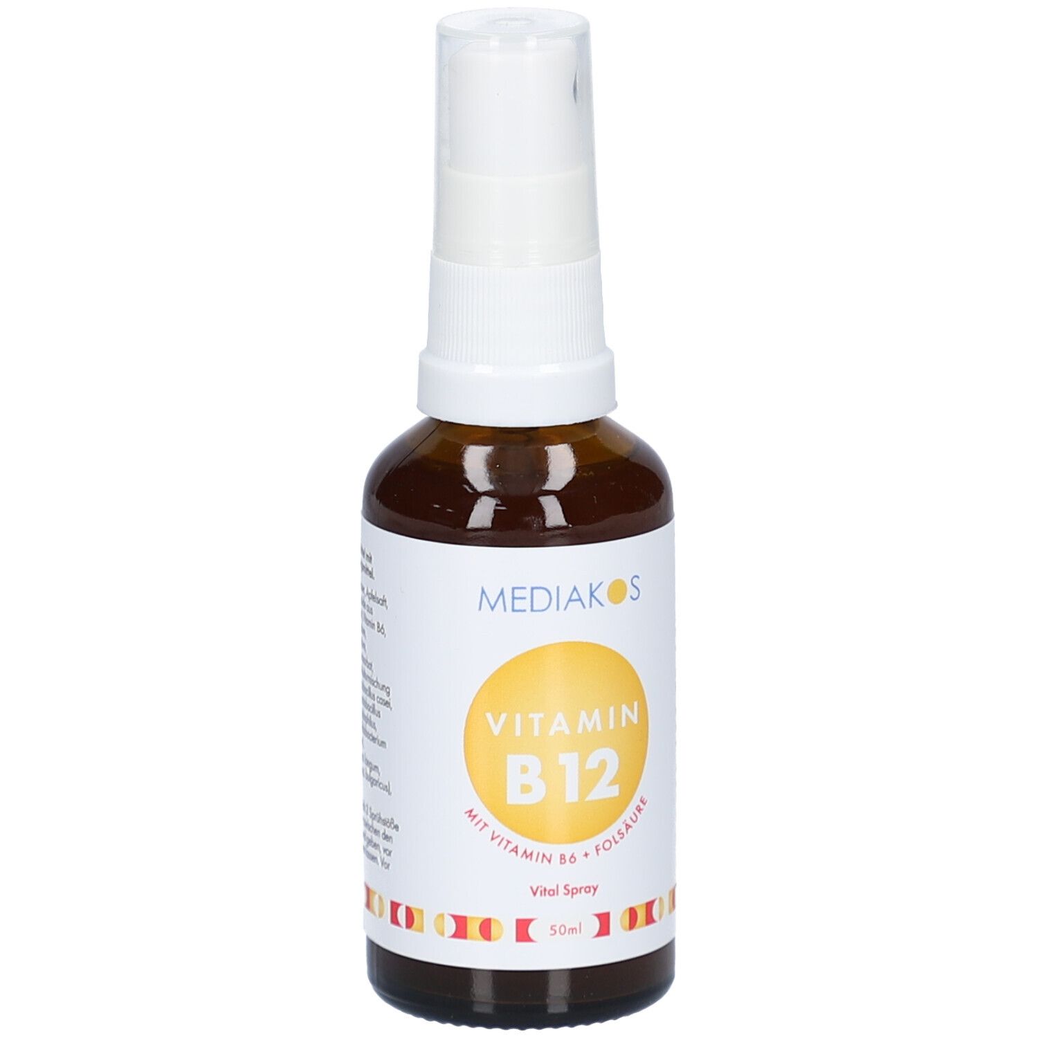 Braune Glasflasche mit weißem Sprühkopf. Etikett mit gelbem Kreis und Text: Vitamin B12. Marke: Mediakos. Vital Spray.