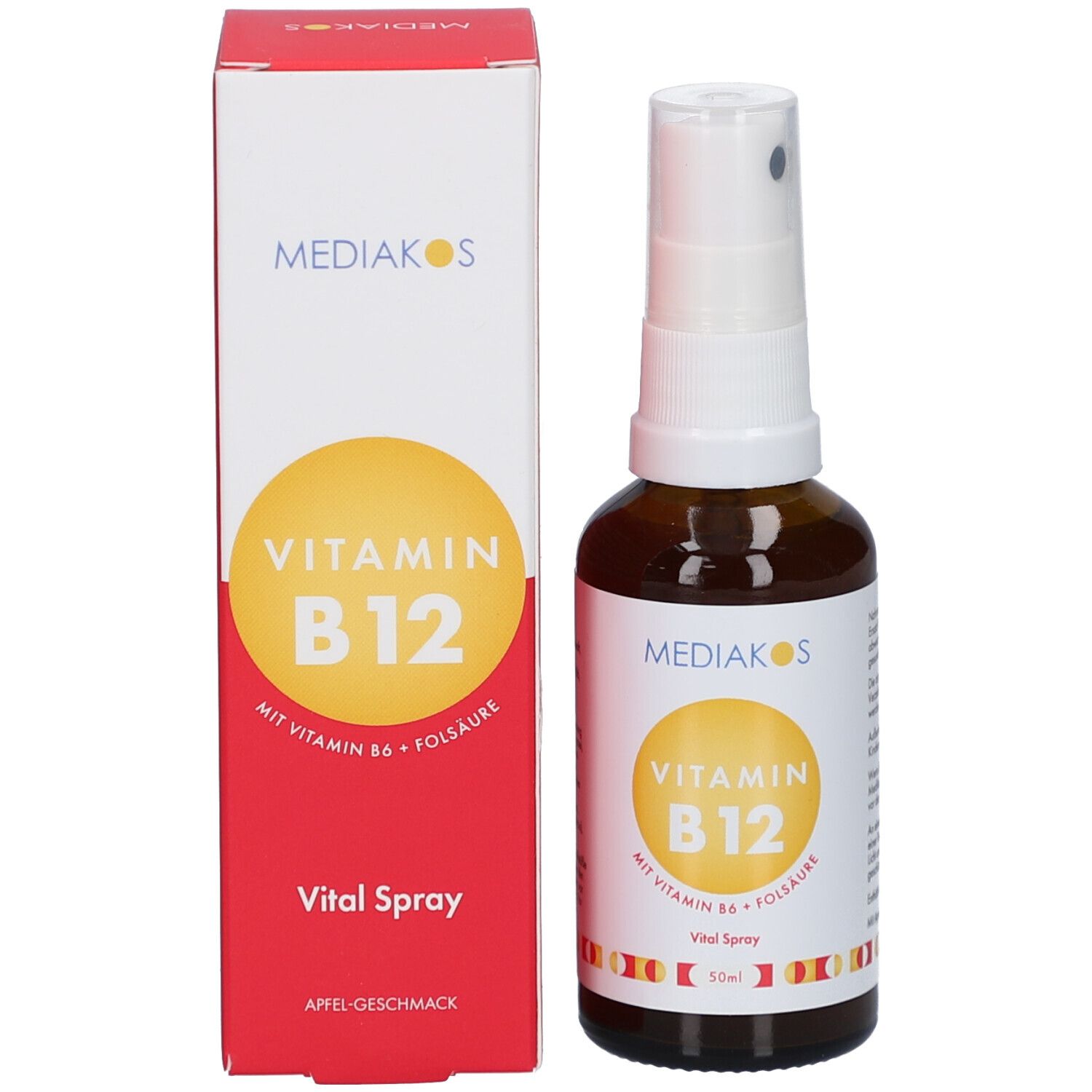 Produktverpackung: rote Schachtel und braune Flasche mit weißem Sprühkopf. Marke: Mediakos. Text: Vitamin B12. Vital Spray.