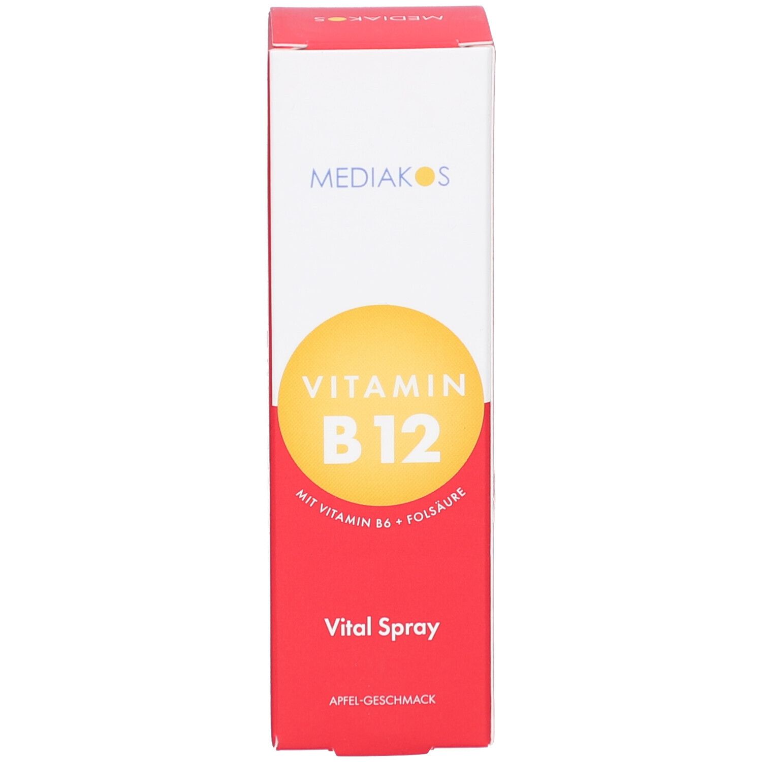 Rote Produktverpackung mit gelbem Kreis und Text: Vitamin B12. Marke: Mediakos. Vital Spray. Apfel-Geschmack.