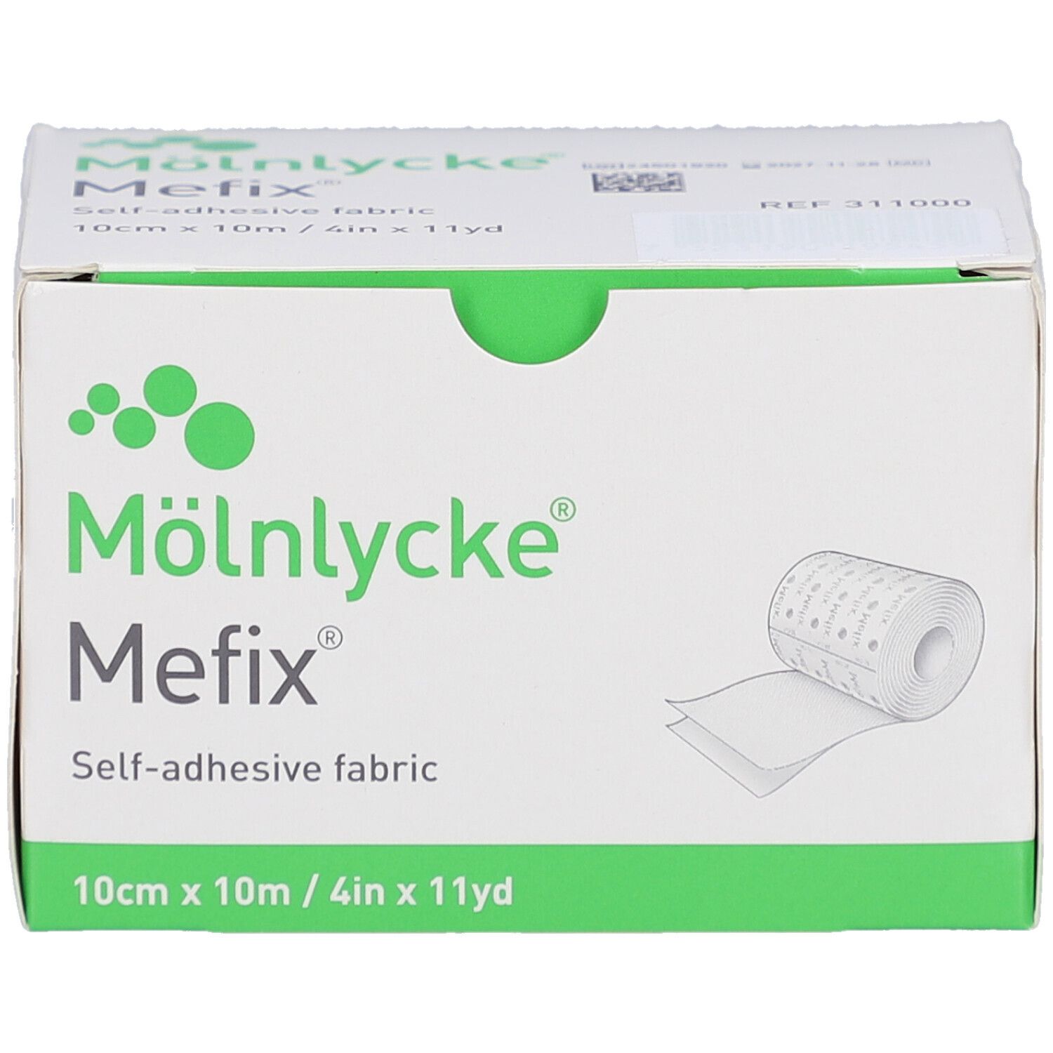 Verpackung von Mefix Fixiervlies. Weißer Karton mit grünen Akzenten. Aufdruck: Mefix, 10cm x 10m, selbstklebendes Gewebe.