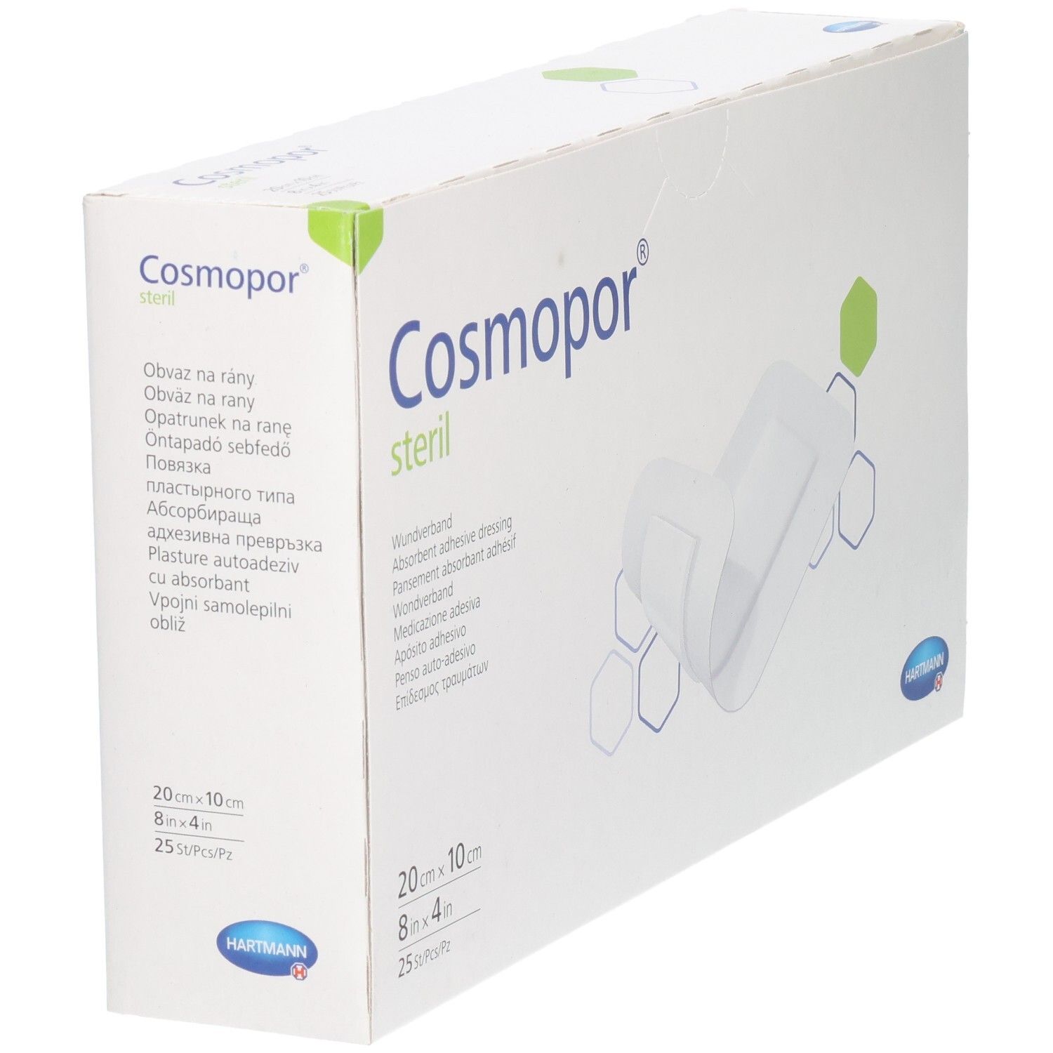 Verpackung Cosmopor steril Wundverband, 20x10 cm, 25 Stück.