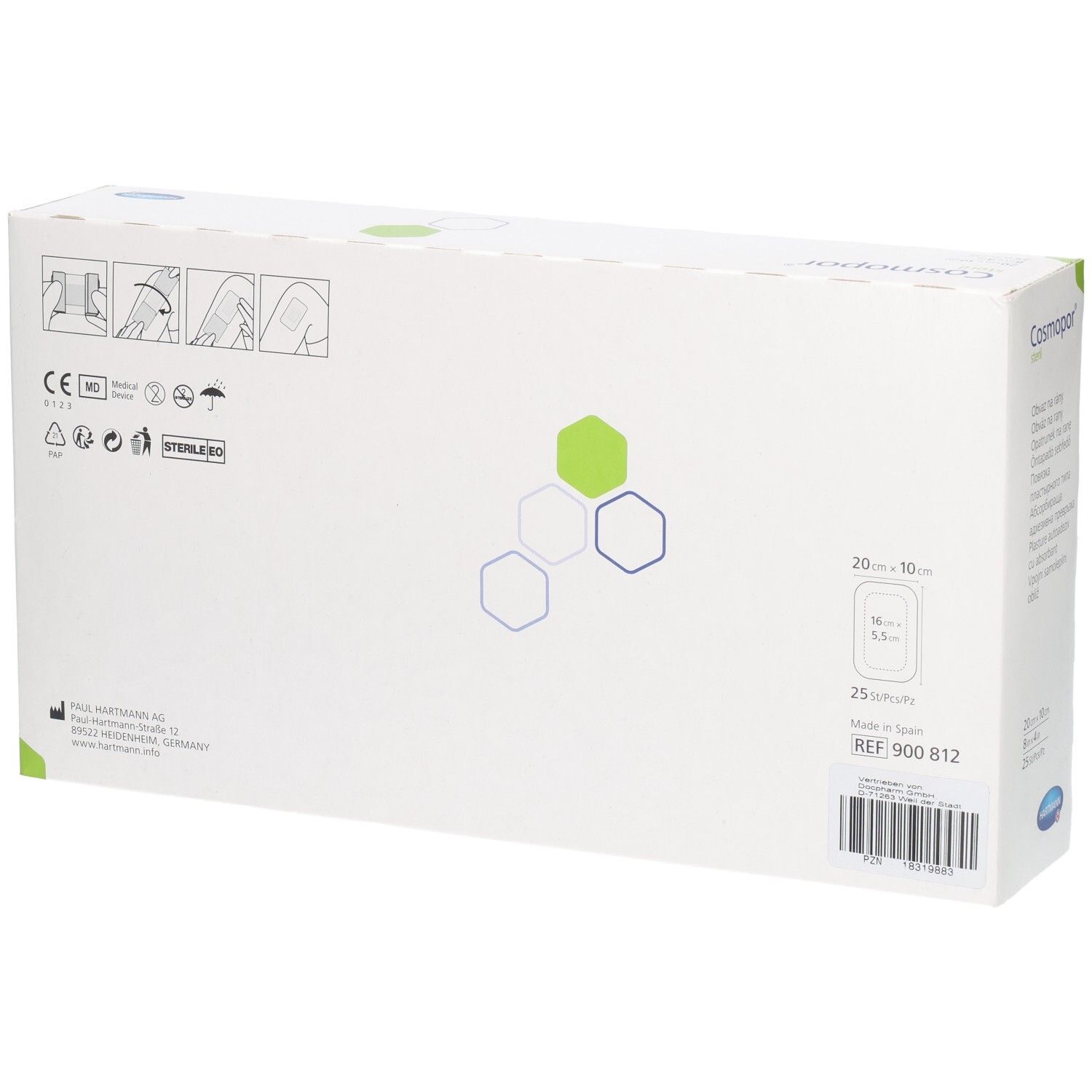 Rückseite Verpackung Cosmopor steril Wundverband mit Anwendungssymbolen und CE-Kennzeichnung.